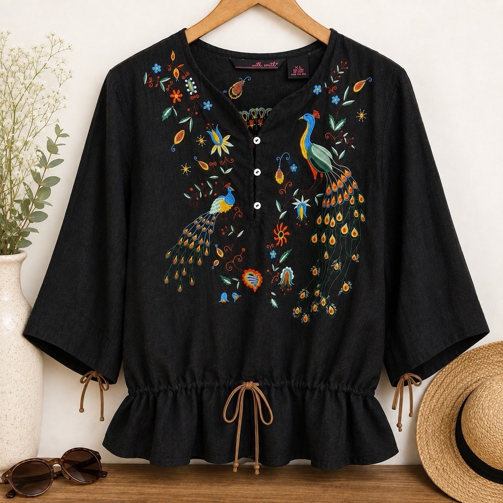 Willi Smith 100% Linen Peacock Embroidered Boho Blouse‎ Black XL Floral Top